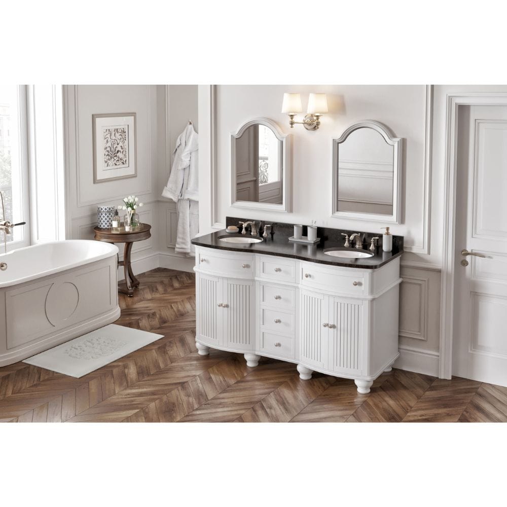 Compton Traditional White 60" Double Oval Sink Vanity with Black Top | VKITCOM60WHBGO