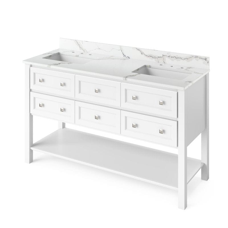 Jeffrey Alexander Adler Transitional 60" White Double Undermount Sink Vanity w/ Quartz Top