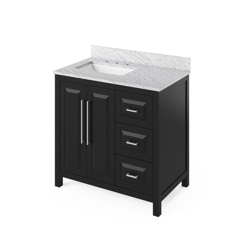 Jeffrey Alexander Cade Modern 36" Black Single Sink Vanity w/ Carrara Marble Top, Left Offset