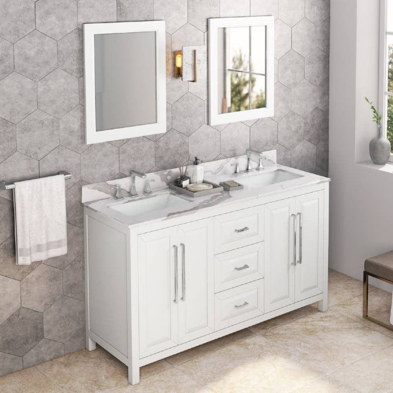 Jeffrey Alexander Cade Modern 60" White Double Undermount Sink Vanity w/ Quartz Top