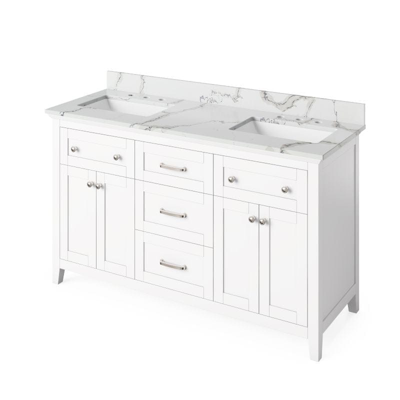 Jeffrey Alexander Chatham Traditional 60" White Double Undermount Sink Vanity w/ Quartz Top