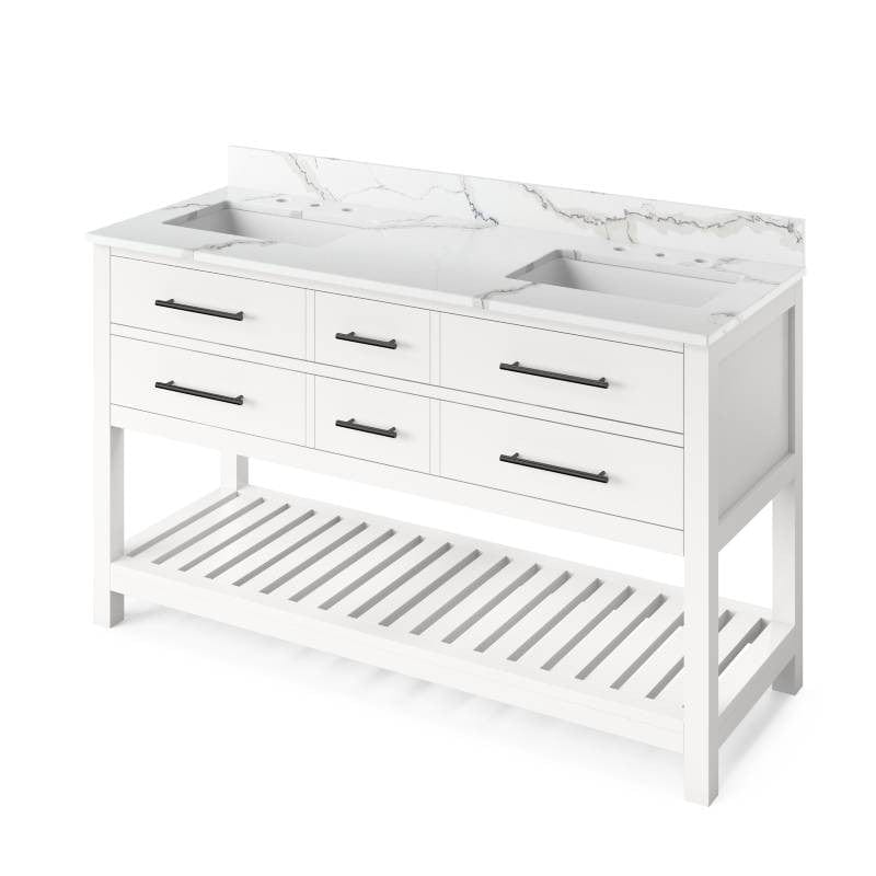 Jeffrey Alexander Wavecrest Contemporary 60" White Double Undermount Sink Vanity w/ Quartz Top