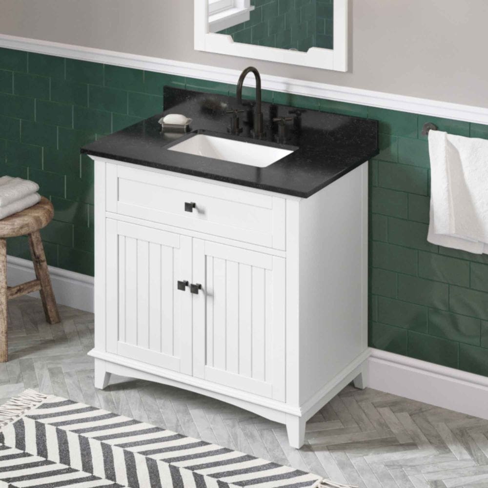 Savino Modern 36" White Single Sink Vanity, Black Granite Top | VKITSAV36WHBGR