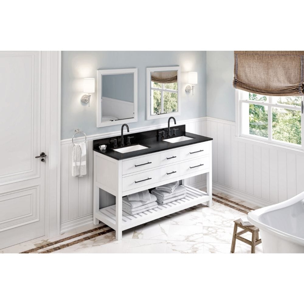 Wavecrest White 60" Double Sink Vanity with Black Granite Top | VKITWAV60WHBGR