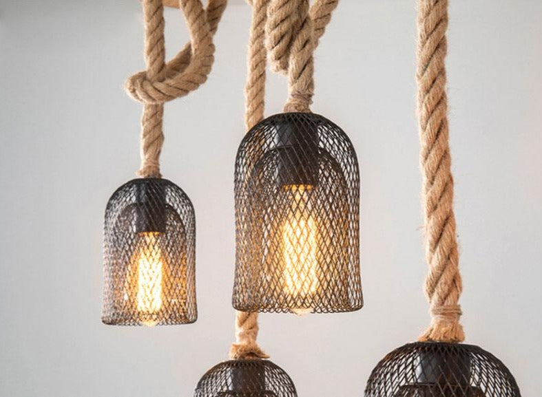 Reuben - Rustic Wood Beam and Rope Chandelier