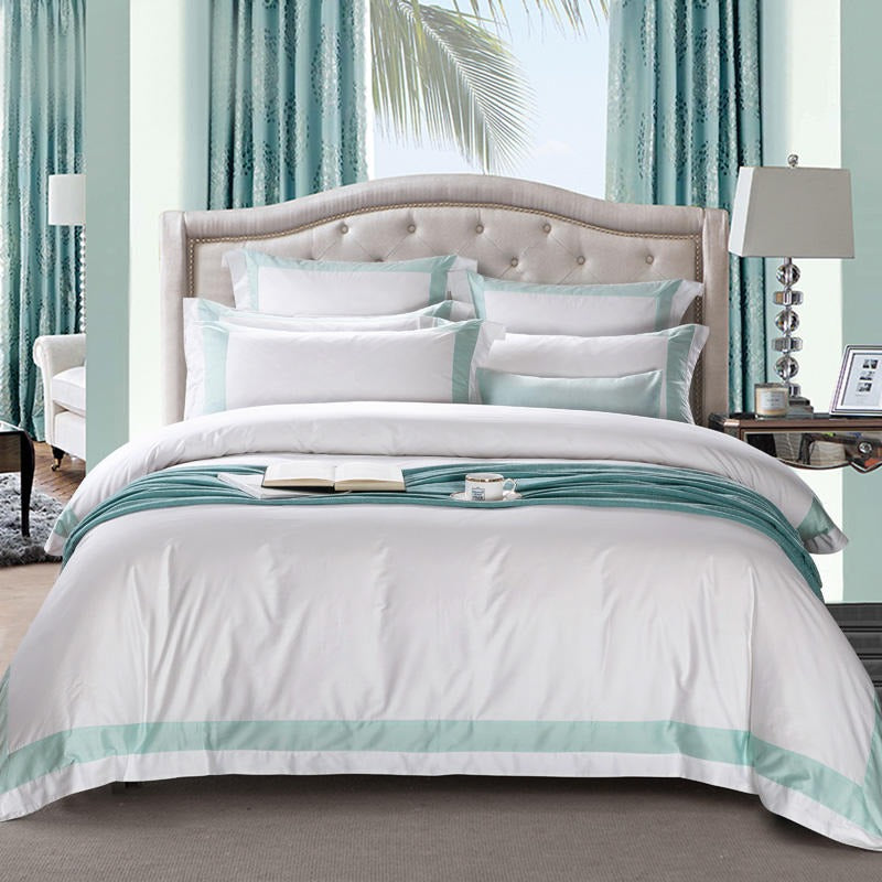 Degella Aqua Green Stripe Egyptian Cotton Luxury White Duvet Cover Set Duvet Cover Set - Point Design Queen / Flat Sheet / 4 Pieces pointdsgn.com