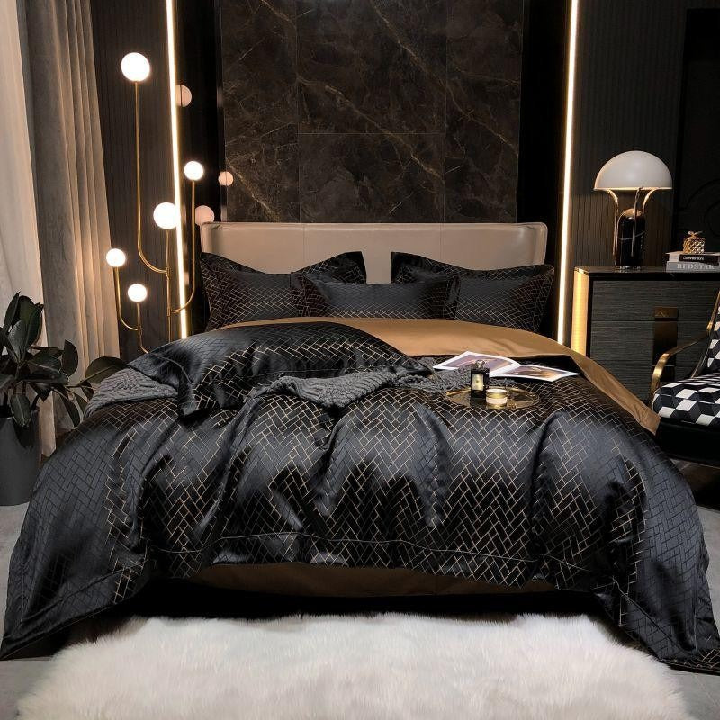 Talia Black Gold Cotton Satin Duvet Cover Set Duvet Cover Set - Venetto Design Queen / Flat Sheet / 4 Pieces Venettodesign.com