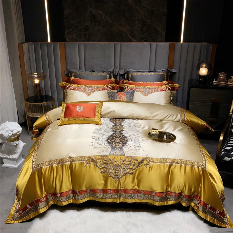 Daniella Gold Damask Embroidered Satin Egyptian Cotton Duvet Cover Set Duvet Cover Set - Point Design Queen | 4 Pieces pointdsgn.com