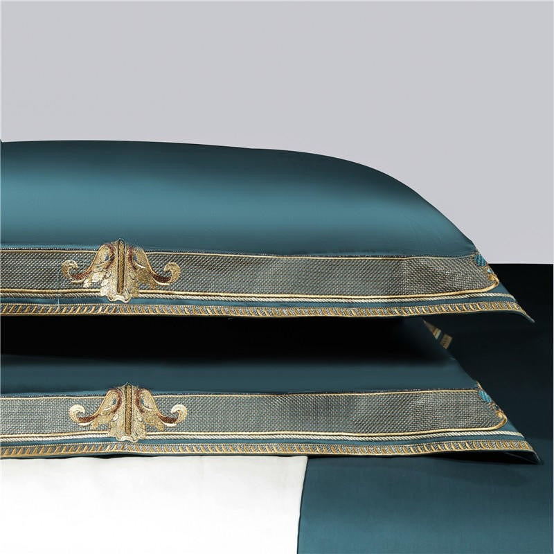 Anahi Teal Blue Embroidered Motif Border Egyptian Cotton Duvet Cover Set