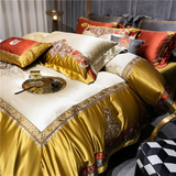 Daniella Gold Damask Embroidered Satin Egyptian Cotton Duvet Cover Set