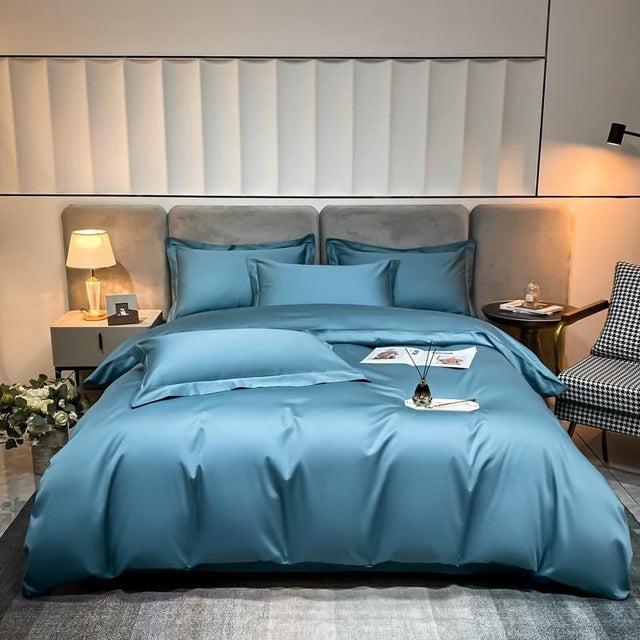 Neo Sky Blue Silky Cotton Duvet Cover Set Duvet Cover Set - Venetto Design Twin / Flat Sheet / 4 Pieces Venettodesign.com