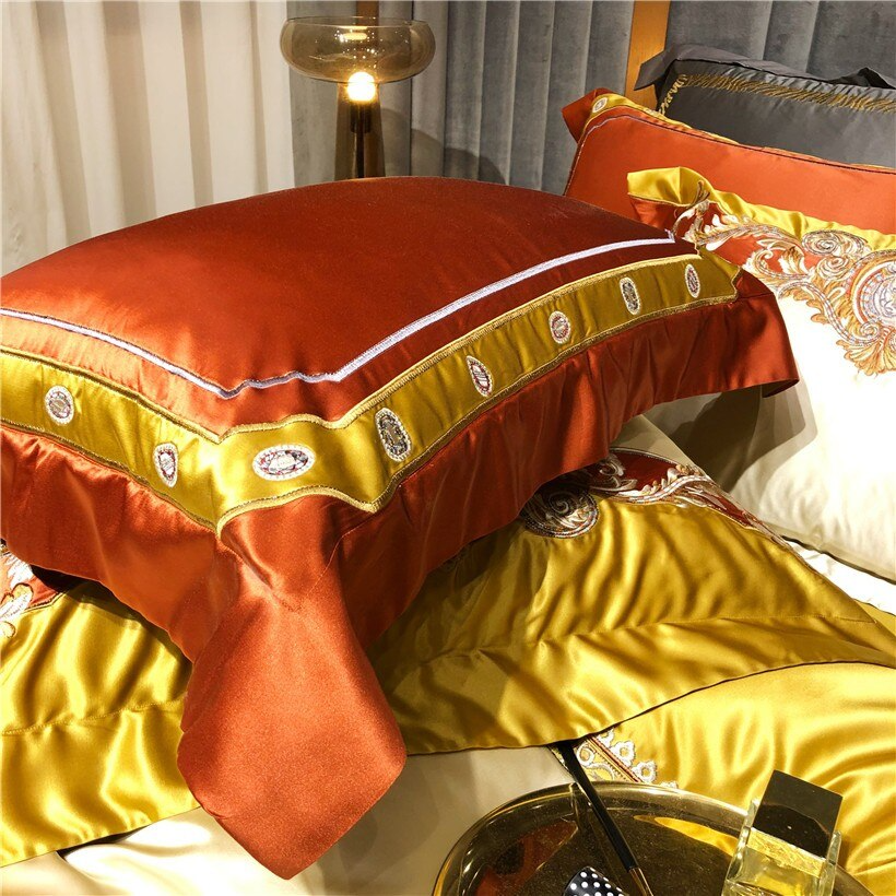 Daniella Gold Damask Embroidered Satin Egyptian Cotton Duvet Cover Set