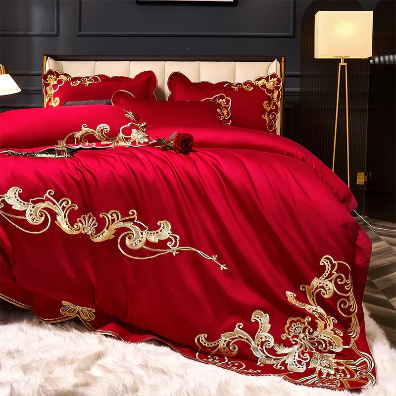 Miriam Red Embroidered Cotton Duvet Cover Set