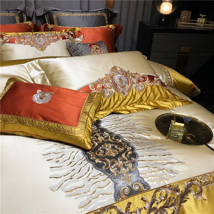 Daniella Gold Damask Embroidered Satin Egyptian Cotton Duvet Cover Set