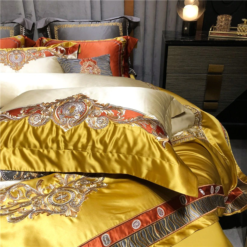 Daniella Gold Damask Embroidered Satin Egyptian Cotton Duvet Cover Set