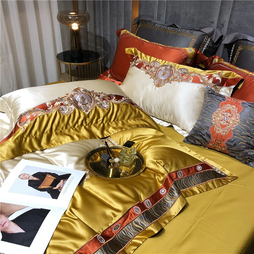 Daniella Gold Damask Embroidered Satin Egyptian Cotton Duvet Cover Set