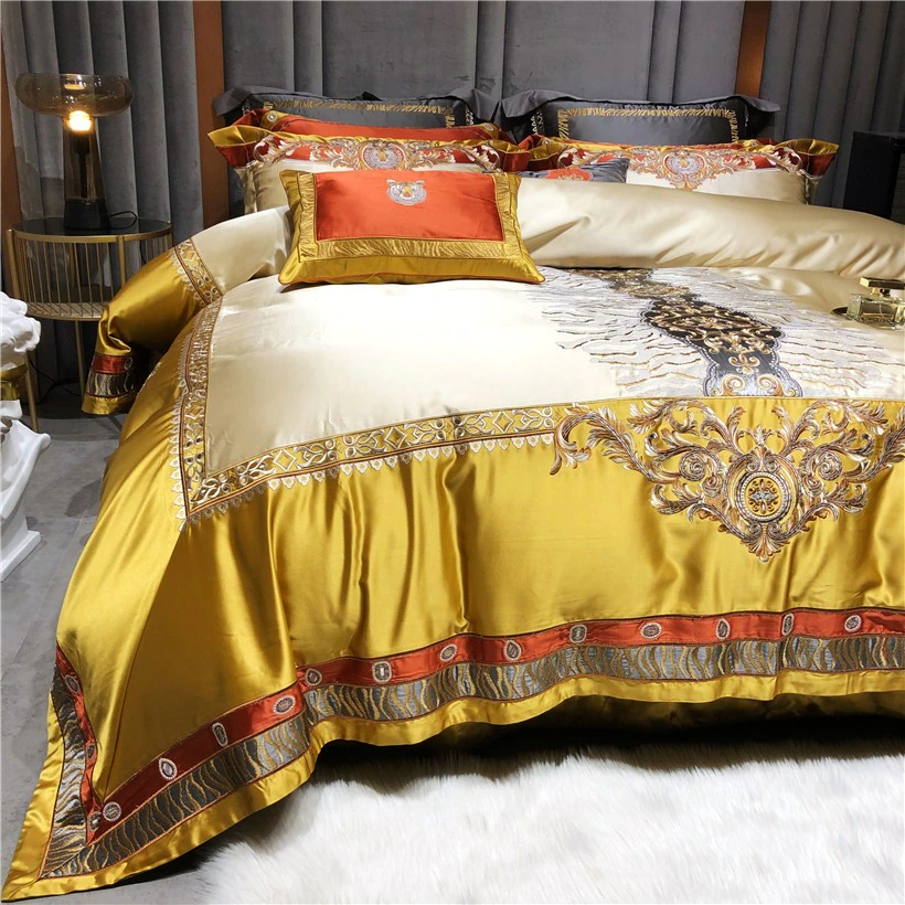 Daniella Gold Damask Embroidered Satin Egyptian Cotton Duvet Cover Set