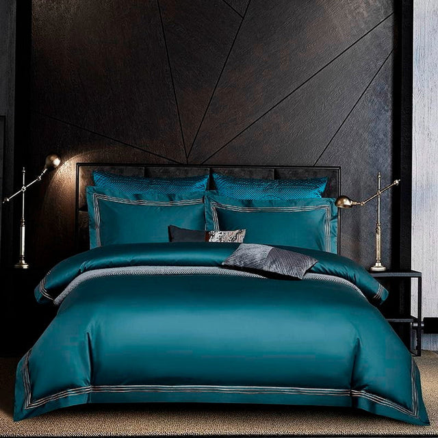 Leila Aqua Green Embroidered Edge Egyptian Cotton Duvet Cover Set Duvet Cover Set - Venetto Design Double / Flat Sheet / 4 Pieces Venettodesign.com