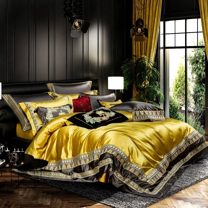 Lisa Gold Embroidered Jacquard Satin Duvet Cover Set