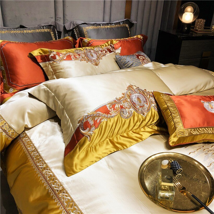 Daniella Gold Damask Embroidered Satin Egyptian Cotton Duvet Cover Set