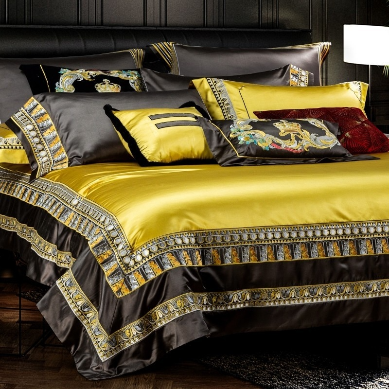 Lisa Gold Embroidered Jacquard Satin Duvet Cover Set