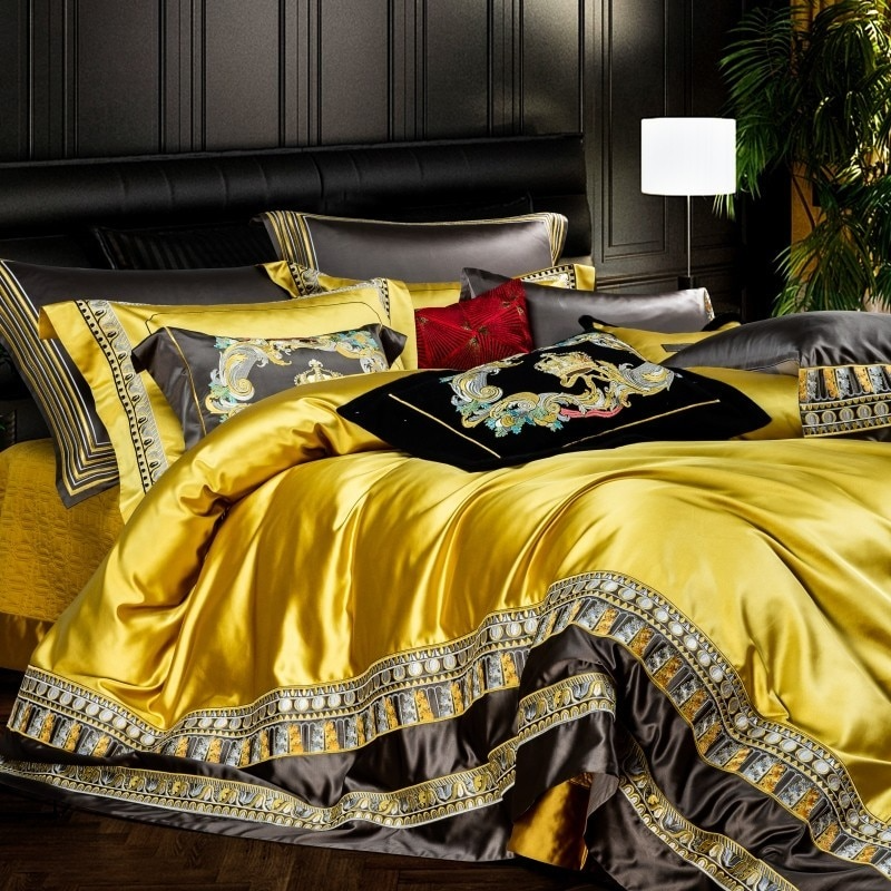 Lisa Gold Embroidered Jacquard Satin Duvet Cover Set