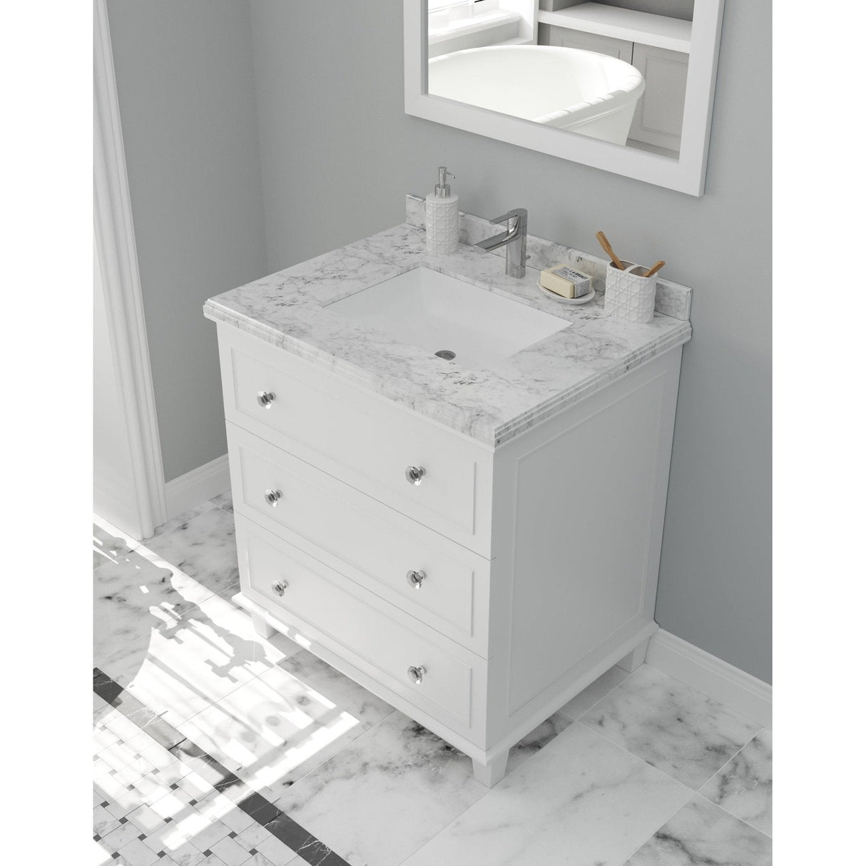 Laviva Luna 30" White Bathroom Vanity with White Carrara Marble Countertop 313DVN-30W-WC