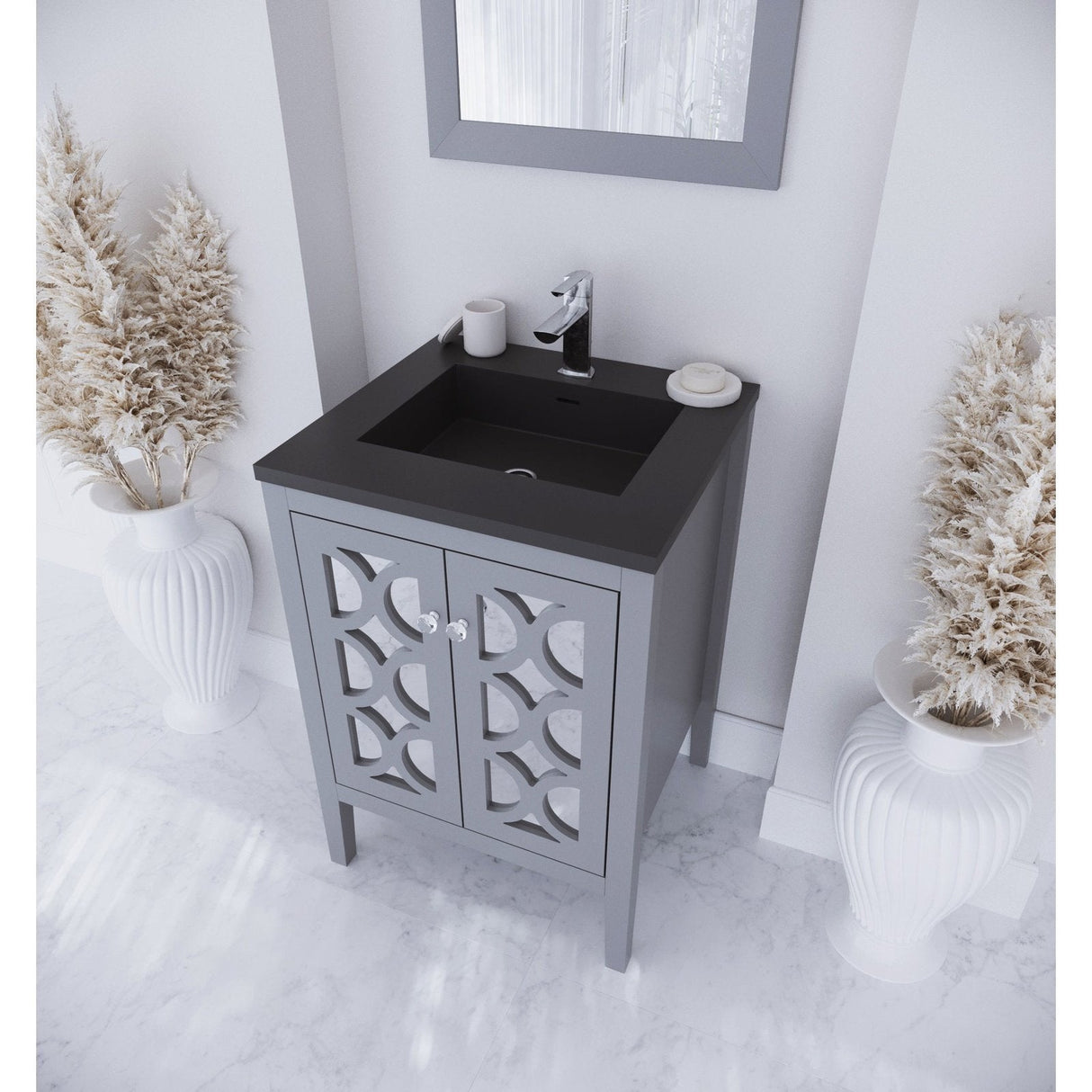 Laviva Mediterraneo 24" Grey Bathroom Vanity with Matte Black VIVA Stone Solid Surface Countertop 313MKSH-24G-MB