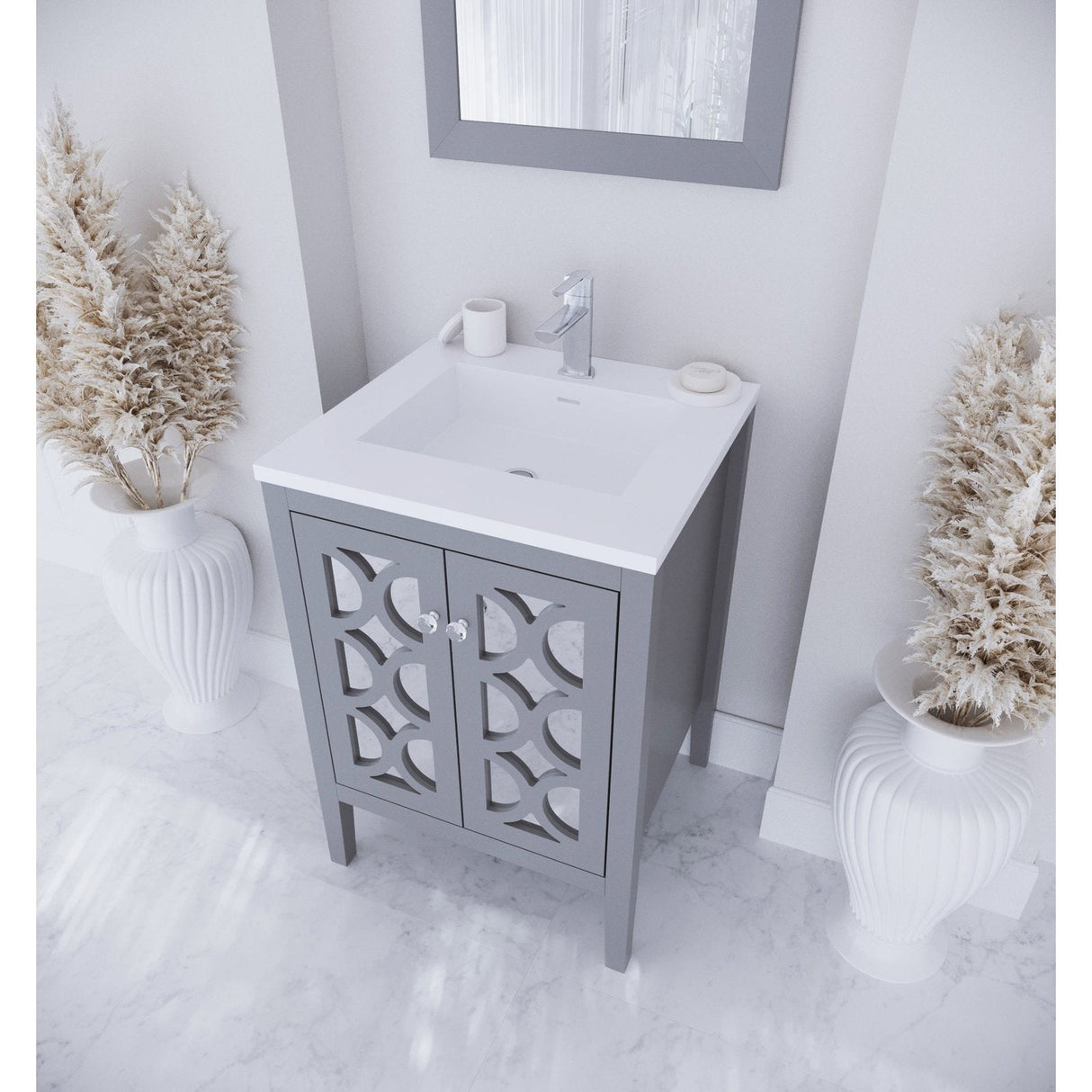 Laviva Mediterraneo 24" Grey Bathroom Vanity with Matte White VIVA Stone Solid Surface Countertop 313MKSH-24G-MW