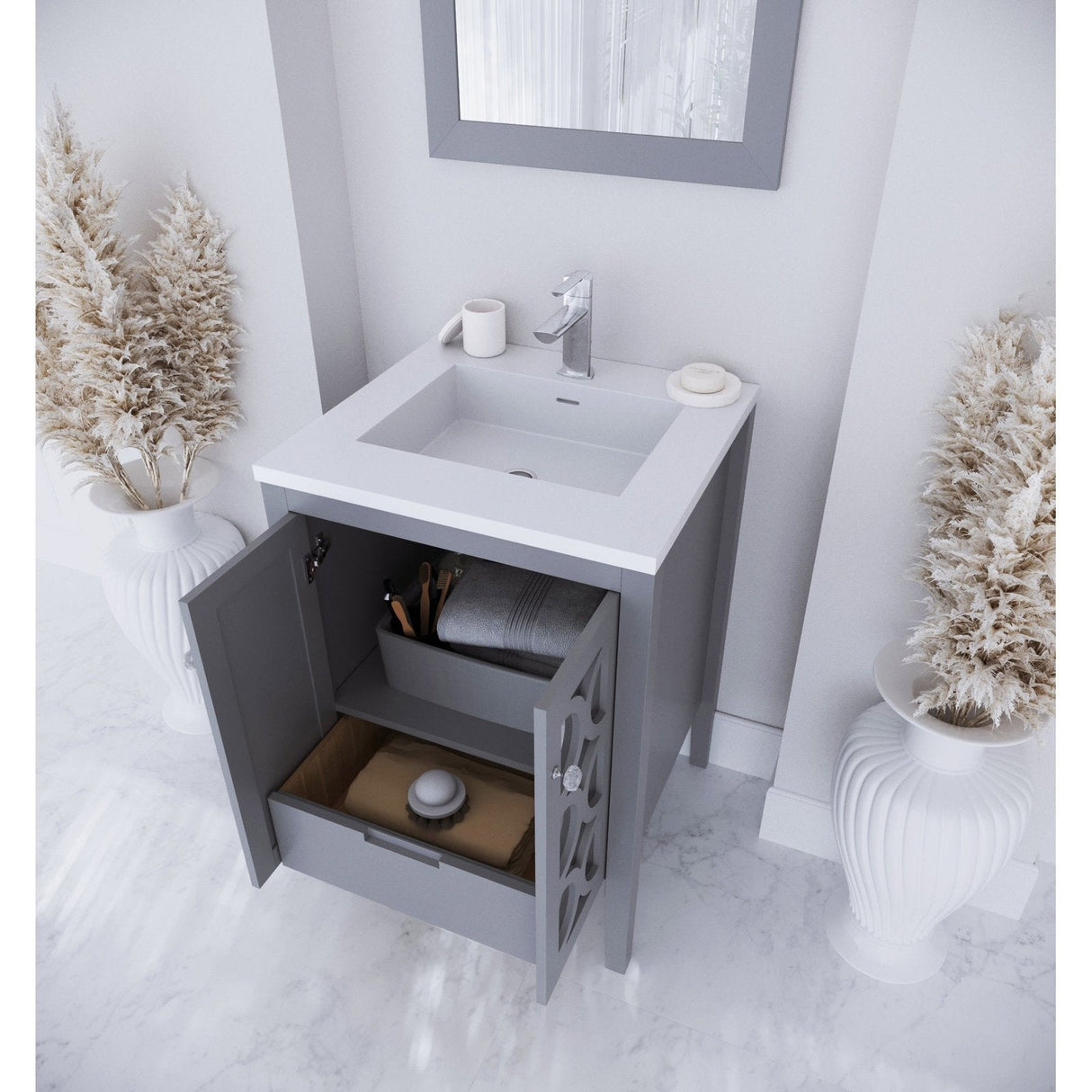 Laviva Mediterraneo 24" Grey Bathroom Vanity with Matte White VIVA Stone Solid Surface Countertop 313MKSH-24G-MW