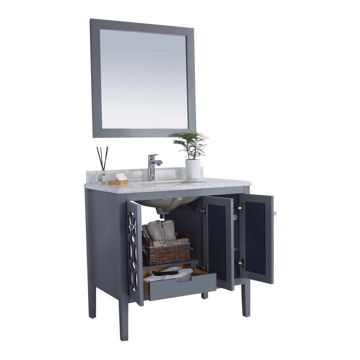 Laviva Mediterraneo 36" Grey Bathroom Vanity with Matte Black VIVA Stone Solid Surface Countertop 313MKSH-36G-MB