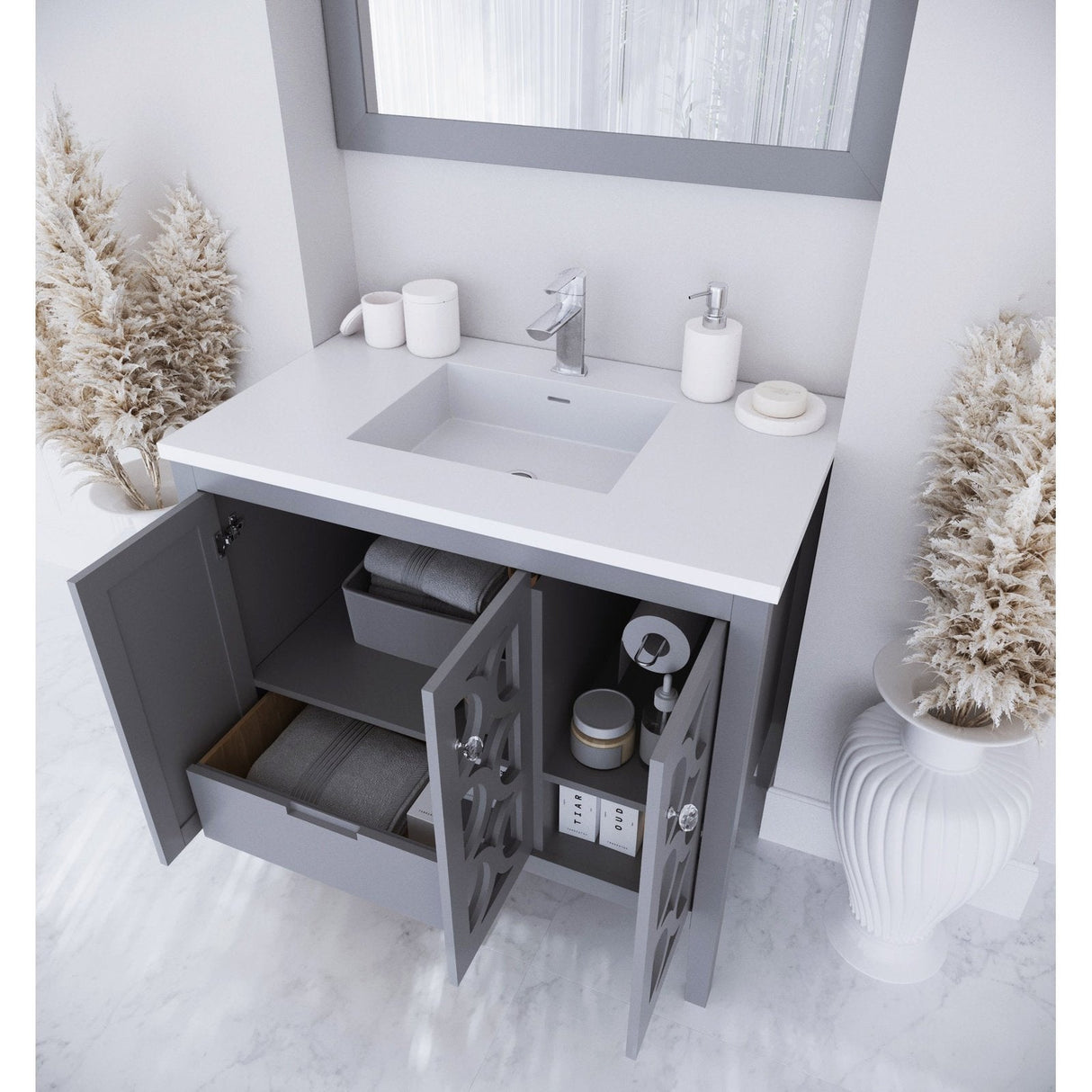 Laviva Mediterraneo 36" Grey Bathroom Vanity with Matte White VIVA Stone Solid Surface Countertop 313MKSH-36G-MW