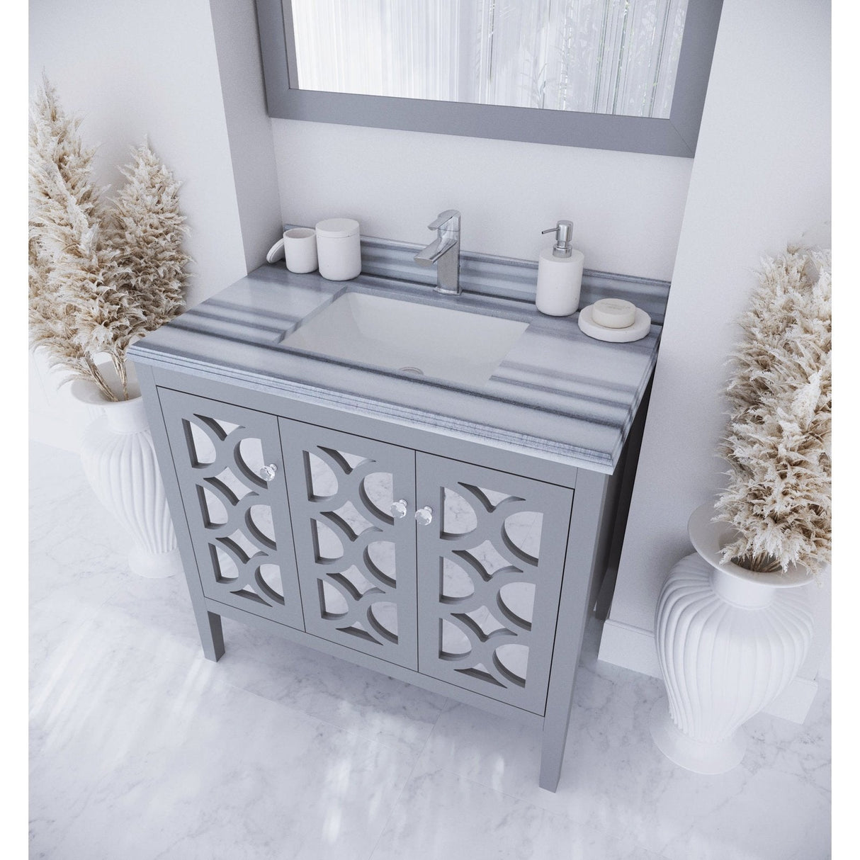 Laviva Mediterraneo 36" Grey Bathroom Vanity with White Stripes Marble Countertop 313MKSH-36G-WS