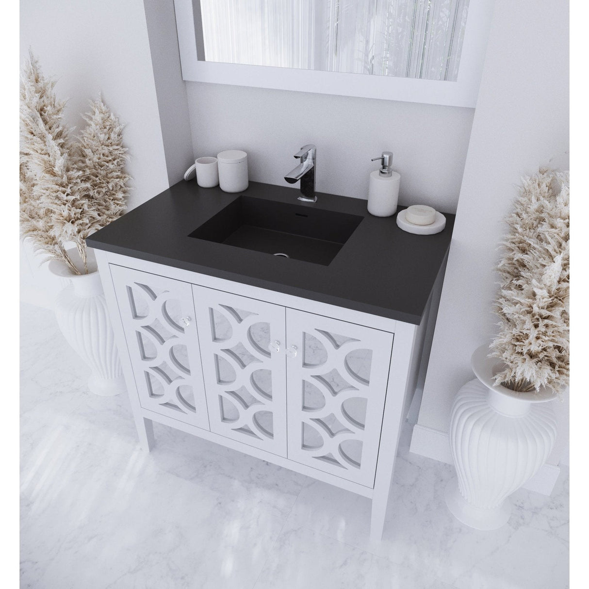 Laviva Mediterraneo 36" White Bathroom Vanity with Matte Black VIVA Stone Solid Surface Countertop 313MKSH-36W-MB