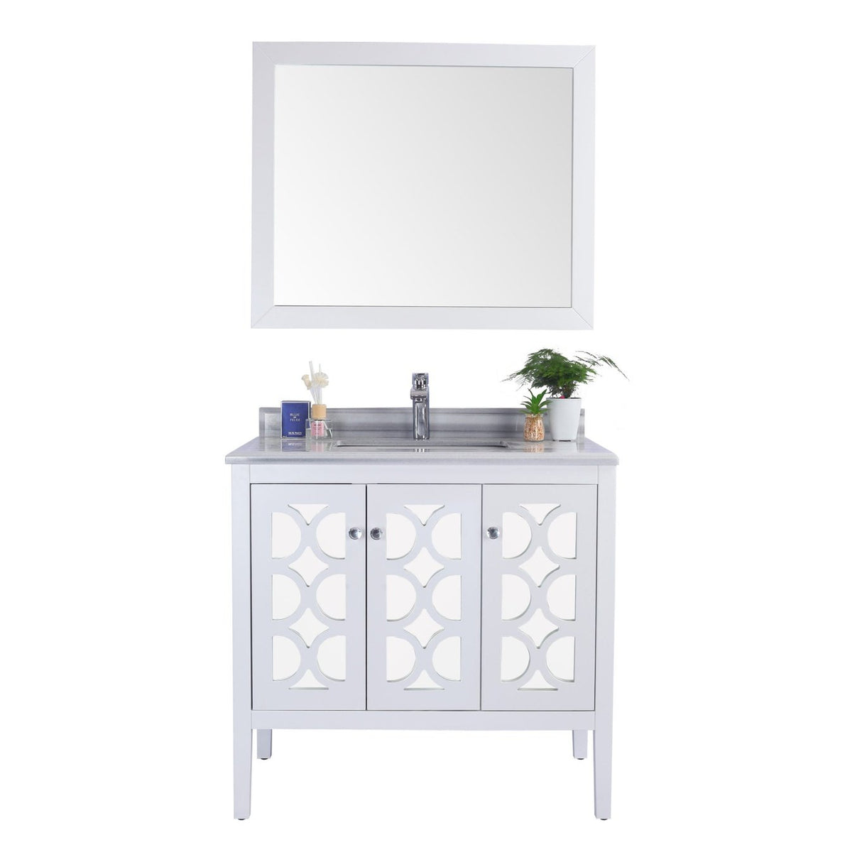 Laviva Mediterraneo 36" White Bathroom Vanity with White Stripes Marble Countertop 313MKSH-36W-WS