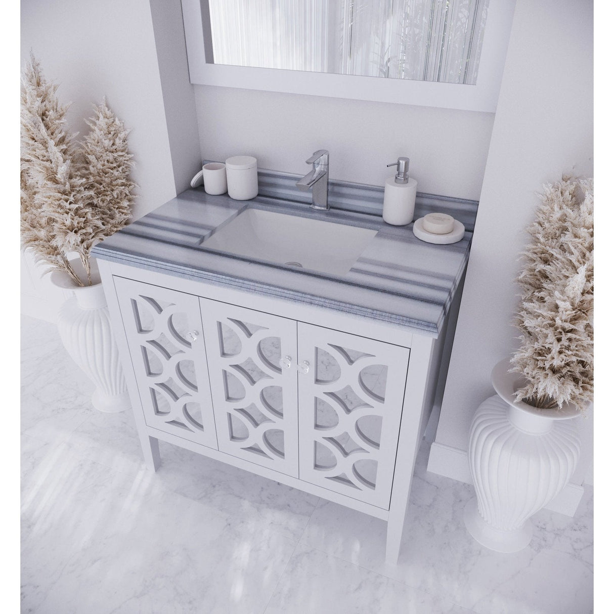 Laviva Mediterraneo 36" White Bathroom Vanity with White Stripes Marble Countertop 313MKSH-36W-WS