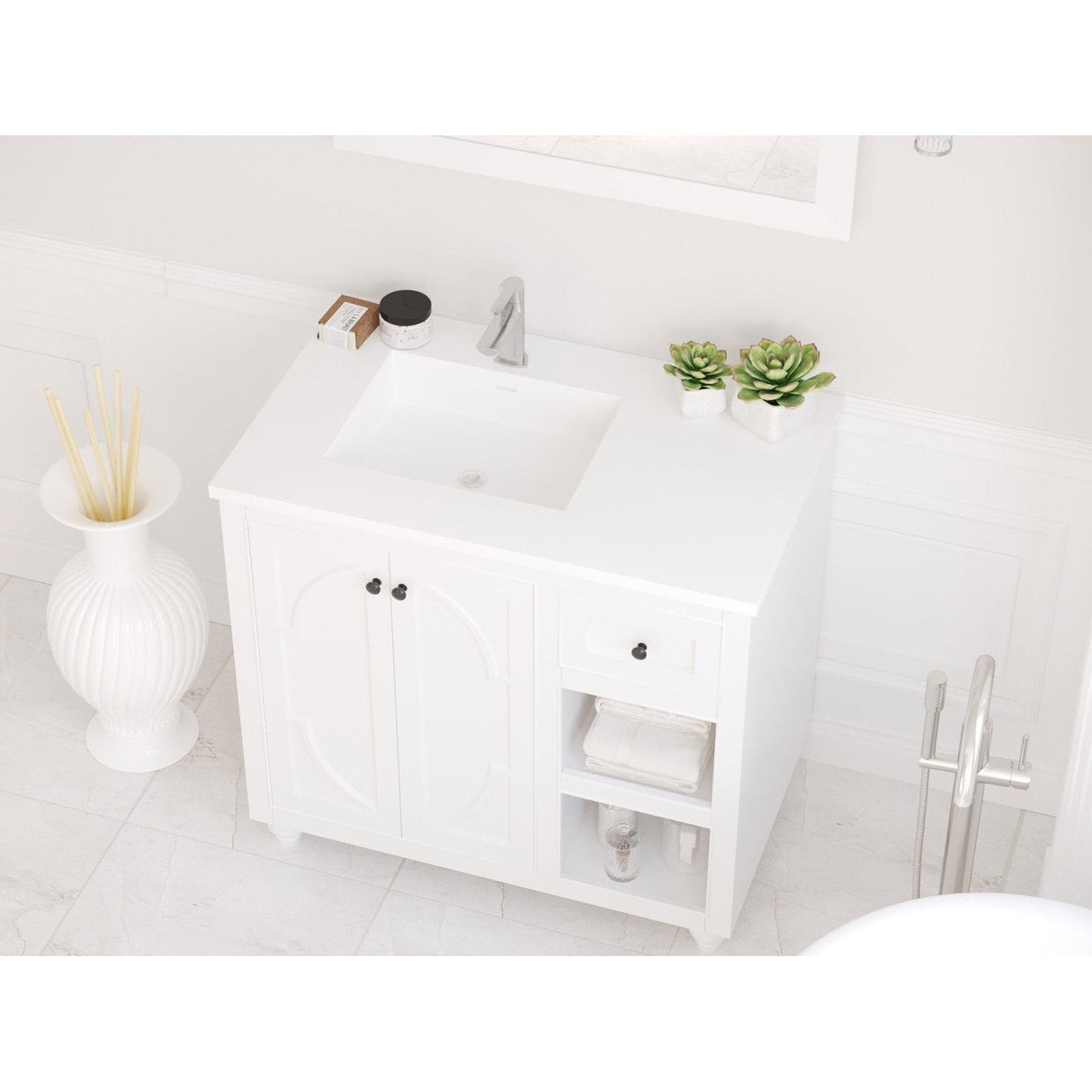 Laviva Forever VIVA Stone 36" Matte White Solid Surface Countertop with Left Offset Integrated Sink 313SQ1HSS-36L-MW