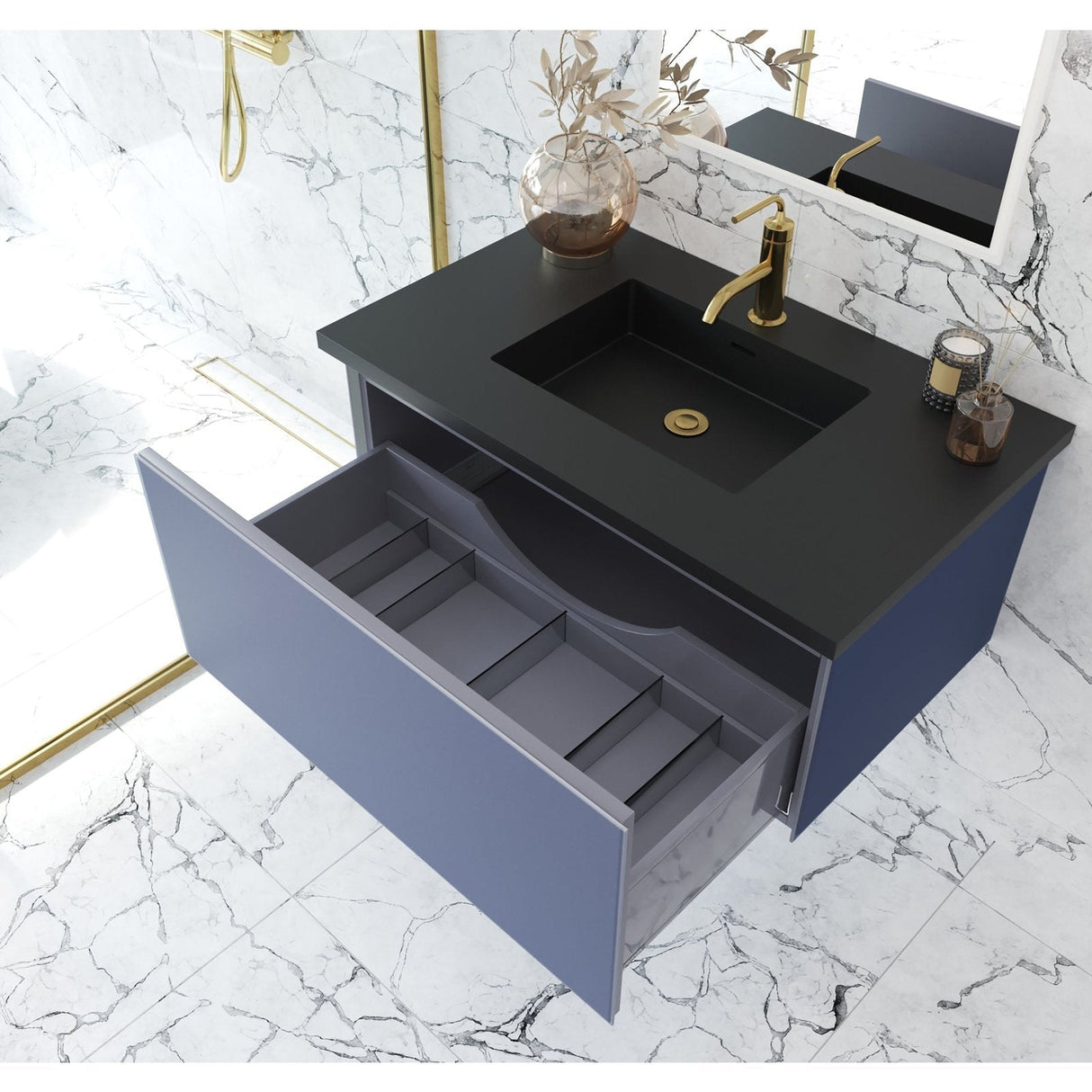 Laviva Vitri 36" Nautical Blue Bathroom Vanity with VIVA Stone Matte Black Solid Surface Countertop 313VTR-36NB-MB