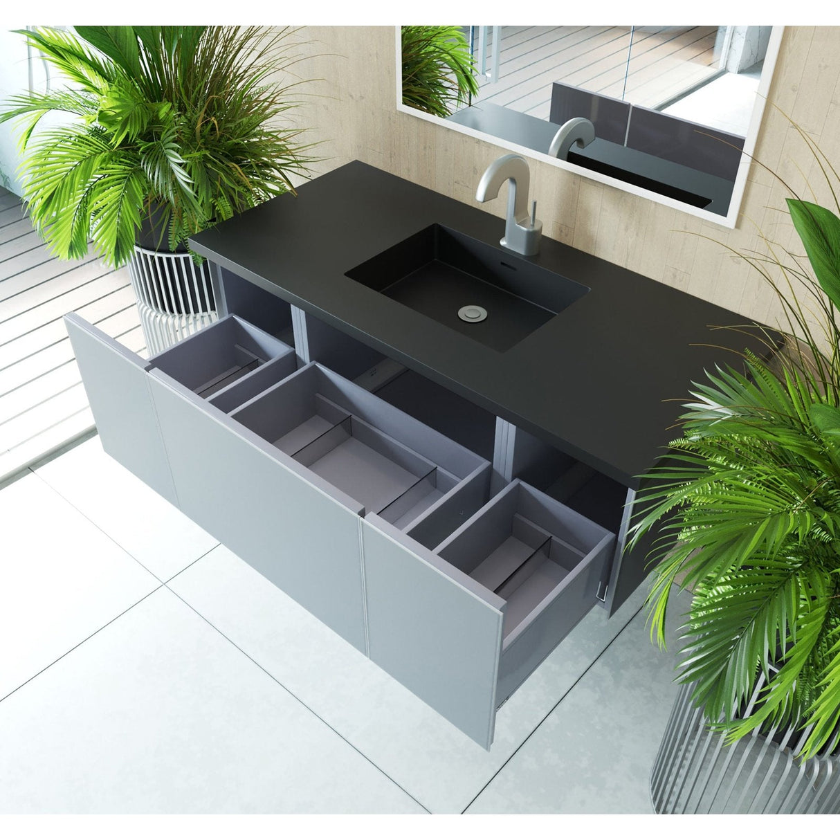 Laviva Vitri 48" Fossil Grey Bathroom Vanity with VIVA Stone Matte Black Solid Surface Countertop 313VTR-48FG-MB