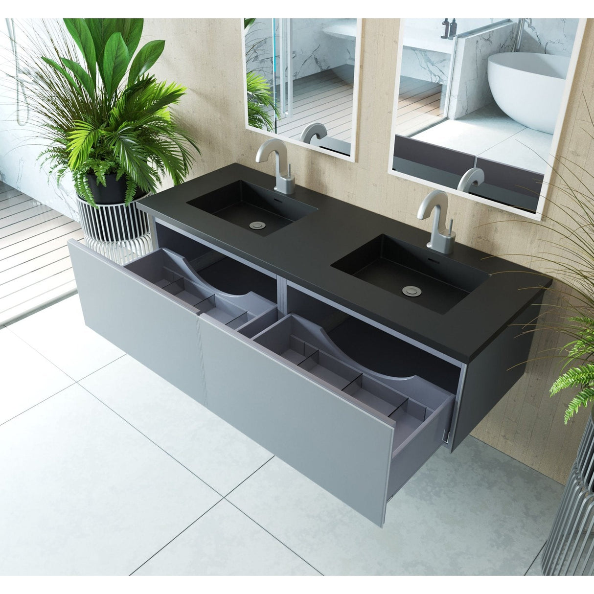 Laviva Vitri 60" Fossil Grey Double Sink Bathroom Vanity with VIVA Stone Matte Black Solid Surface Countertop 313VTR-60DFG-MB