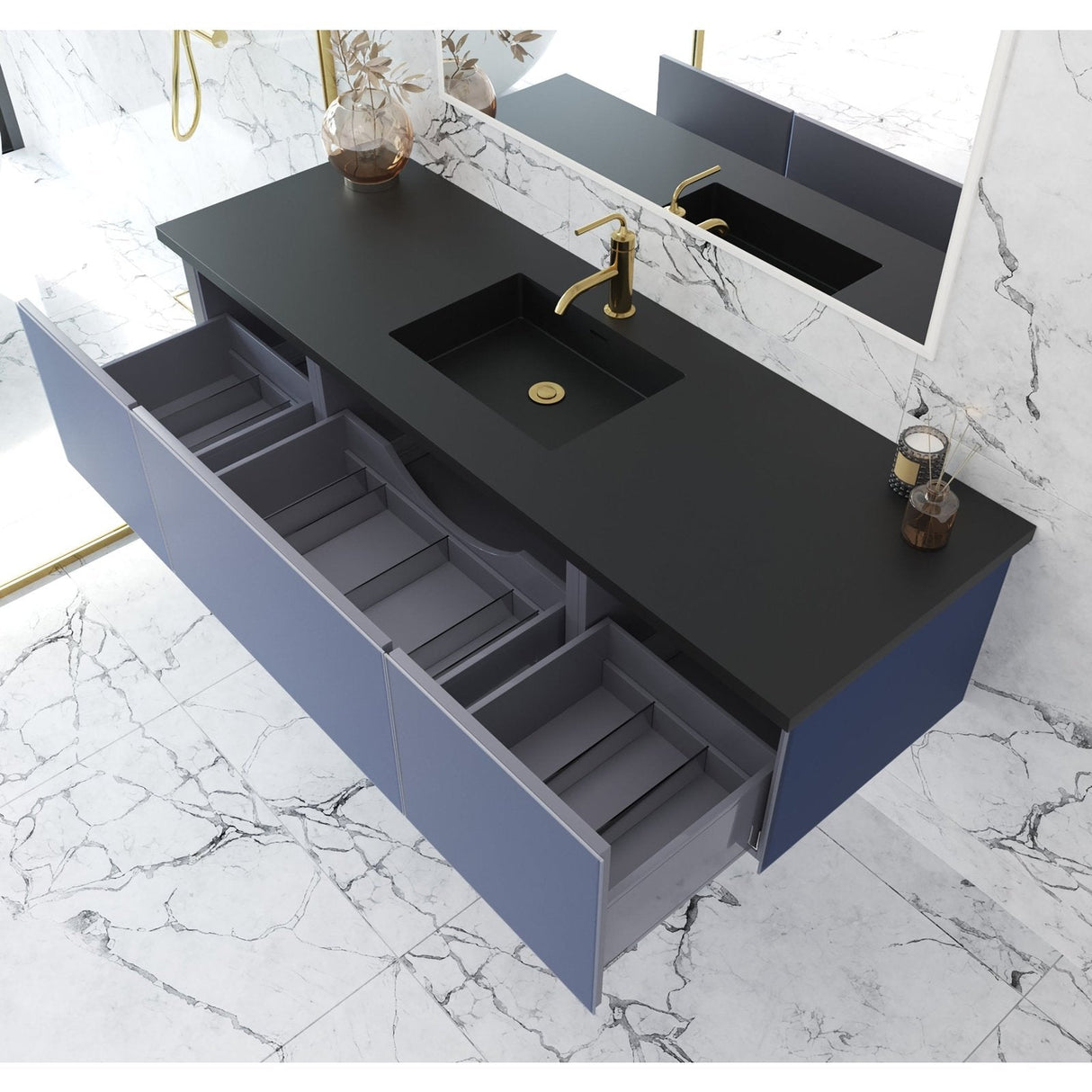 Laviva Vitri 66" Nautical Blue Single Sink Bathroom Vanity with VIVA Stone Matte Black Solid Surface Countertop 313VTR-66NB-MB