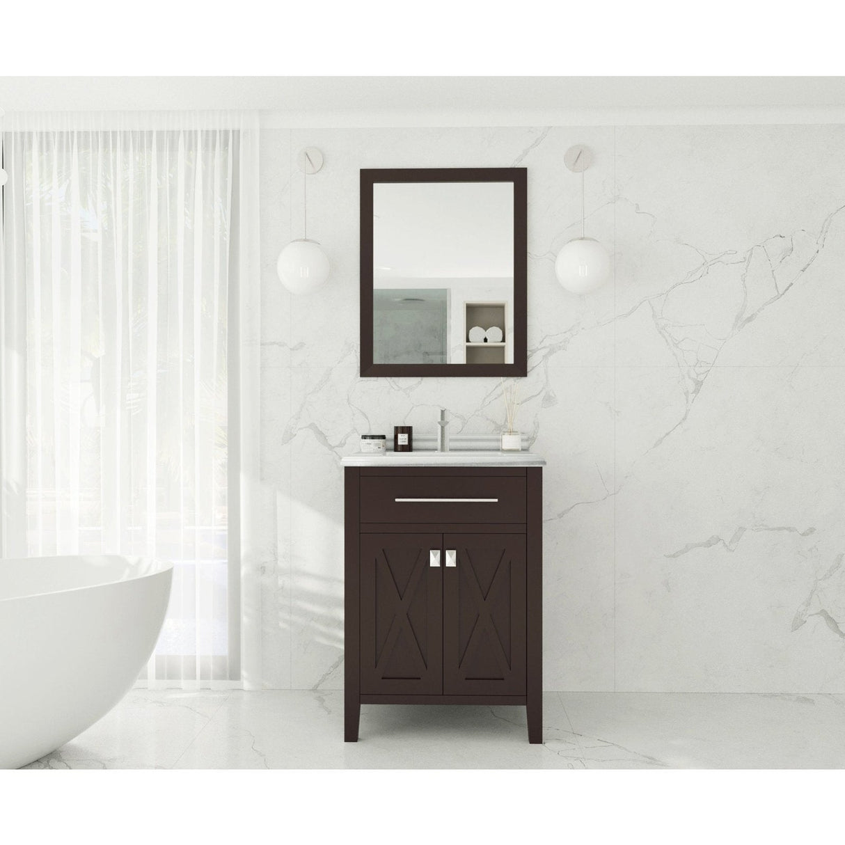 Laviva Wimbledon 24" Brown Bathroom Vanity with White Stripes Marble Countertop 313YG319-24B-WS