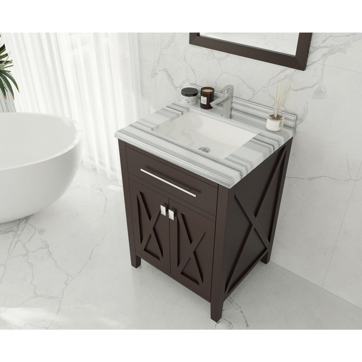 Laviva Wimbledon 24" Brown Bathroom Vanity with White Stripes Marble Countertop 313YG319-24B-WS