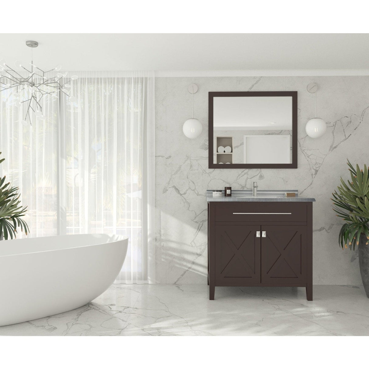 Laviva Wimbledon 36" Brown Bathroom Vanity with White Stripes Marble Countertop 313YG319-36B-WS