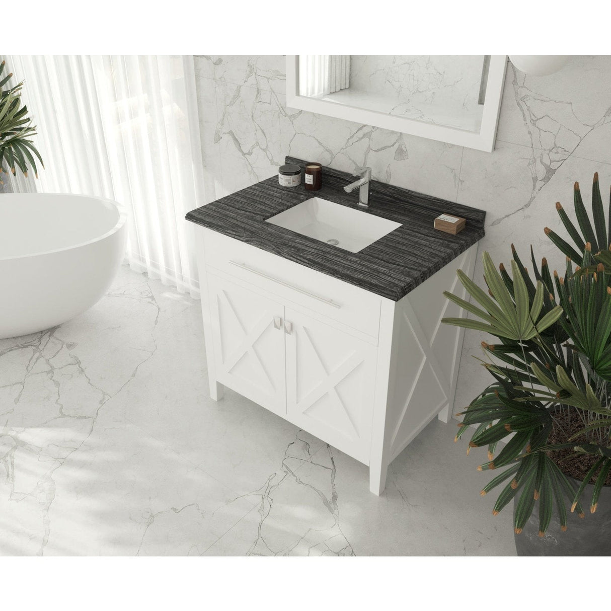 Laviva Wimbledon 36" White Bathroom Vanity with Black Wood Marble Countertop 313YG319-36W-BW