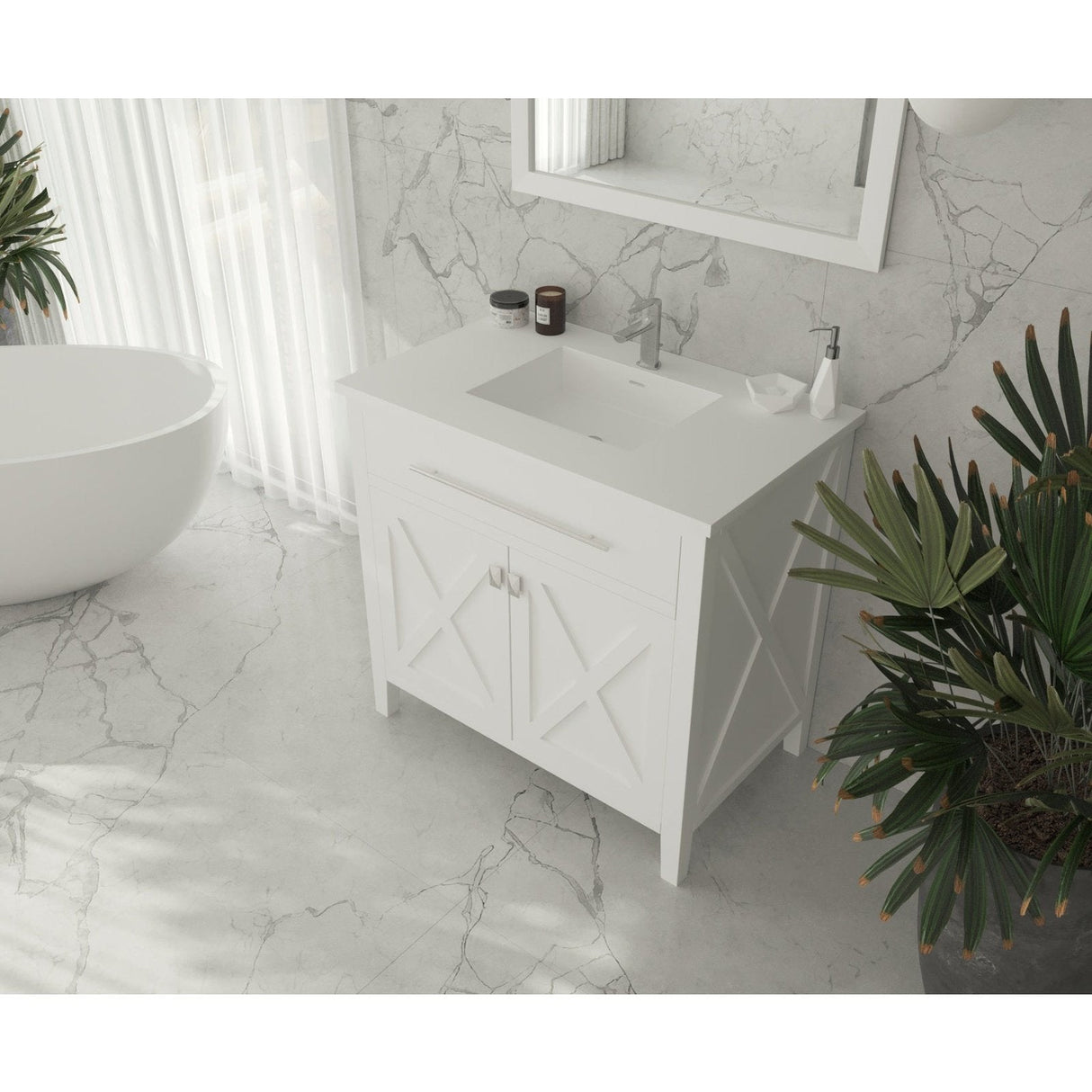 Laviva Wimbledon 36" White Bathroom Vanity with Matte White VIVA Stone Solid Surface Countertop 313YG319-36W-MW