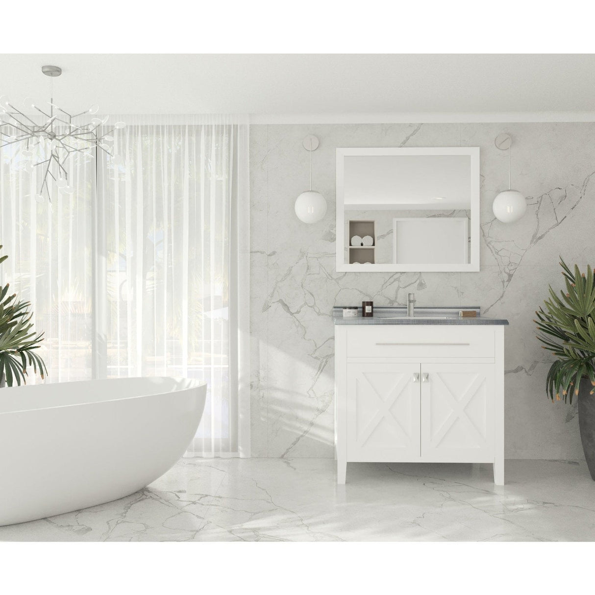 Laviva Wimbledon 36" White Bathroom Vanity with White Stripes Marble Countertop 313YG319-36W-WS