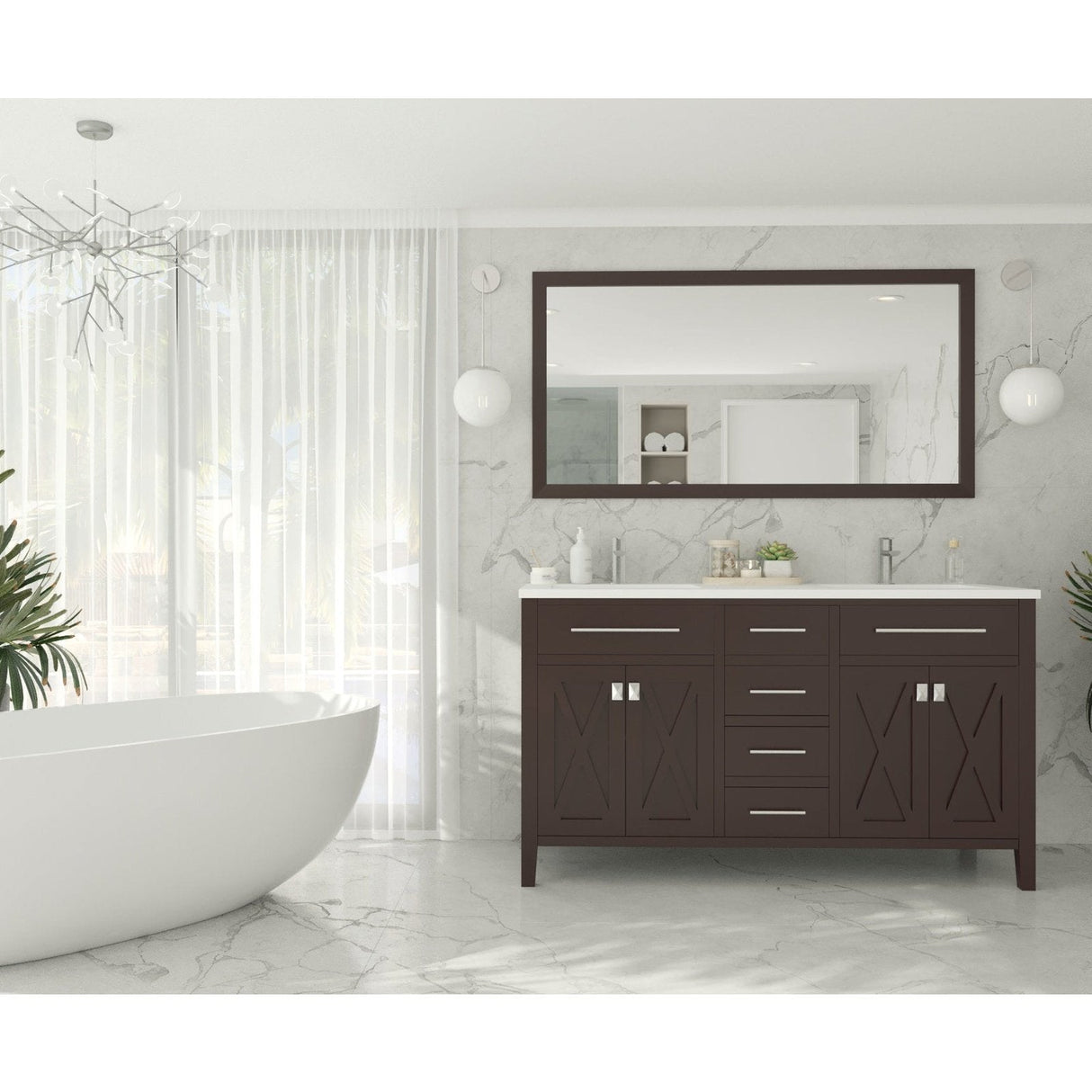 Laviva Wimbledon 60" Brown Double Sink Bathroom Vanity with Matte White VIVA Stone Solid Surface Countertop 313YG319-60B-MW