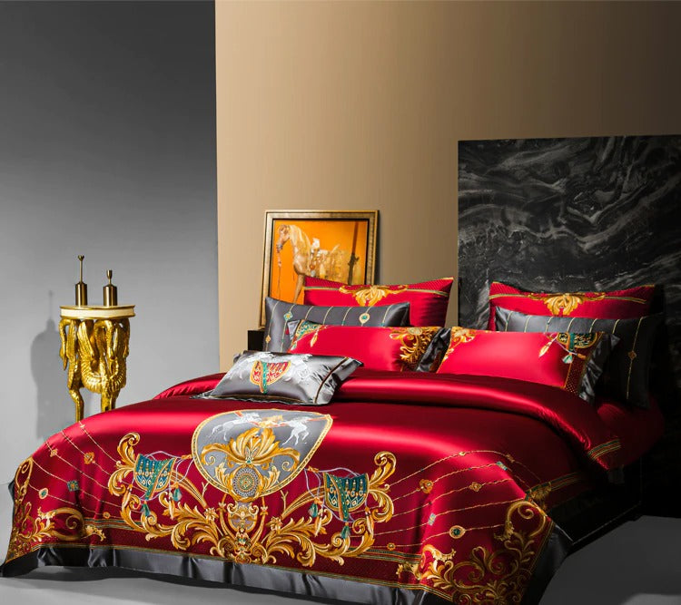 Niki Red Egyptian Cotton Embroidered Duvet Cover Set