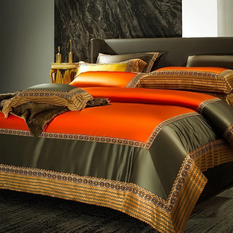 Onda Orange Egyptian Cotton Embroidered Duvet Cover Set